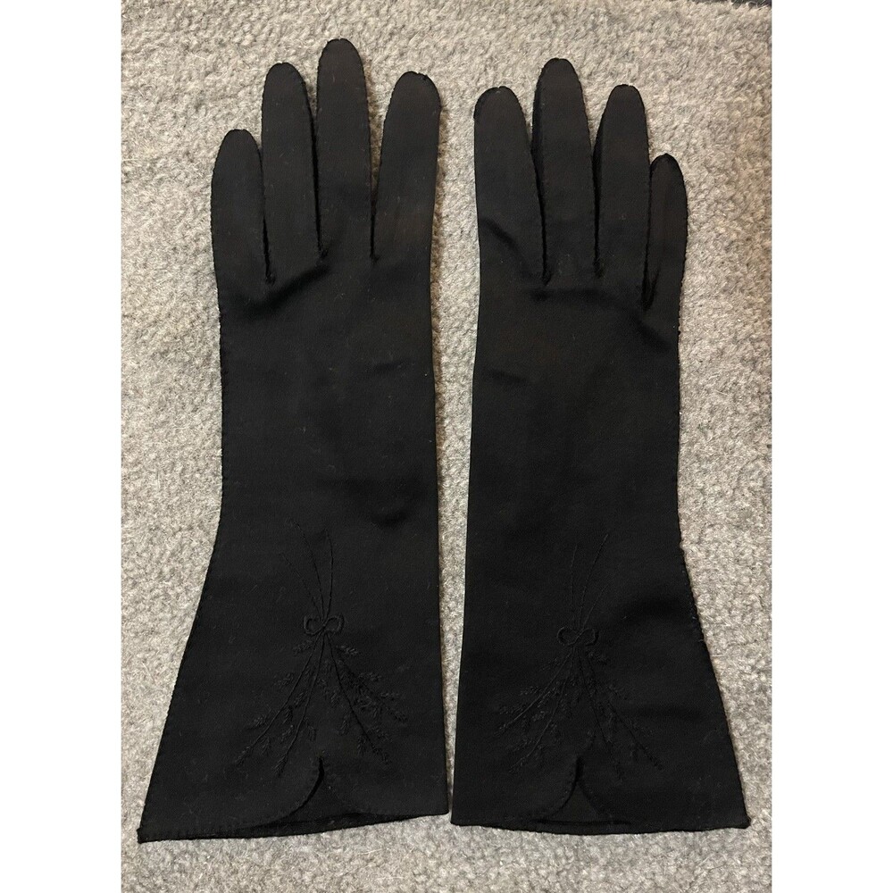 Vintage Fownes Doette Deluxe Long Black Gloves Floral Embroidery Hand Sewn Sz 7